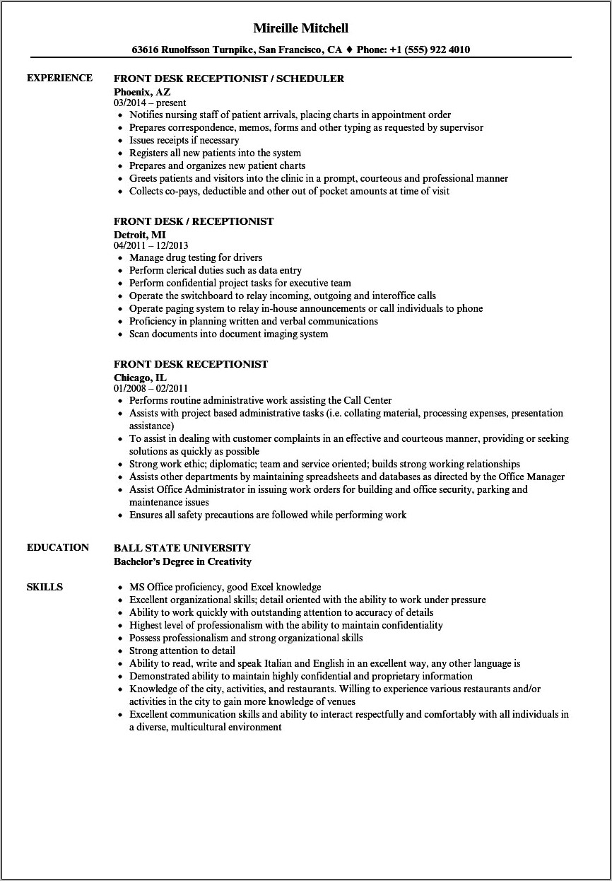Skills As A Receptionist For Resume