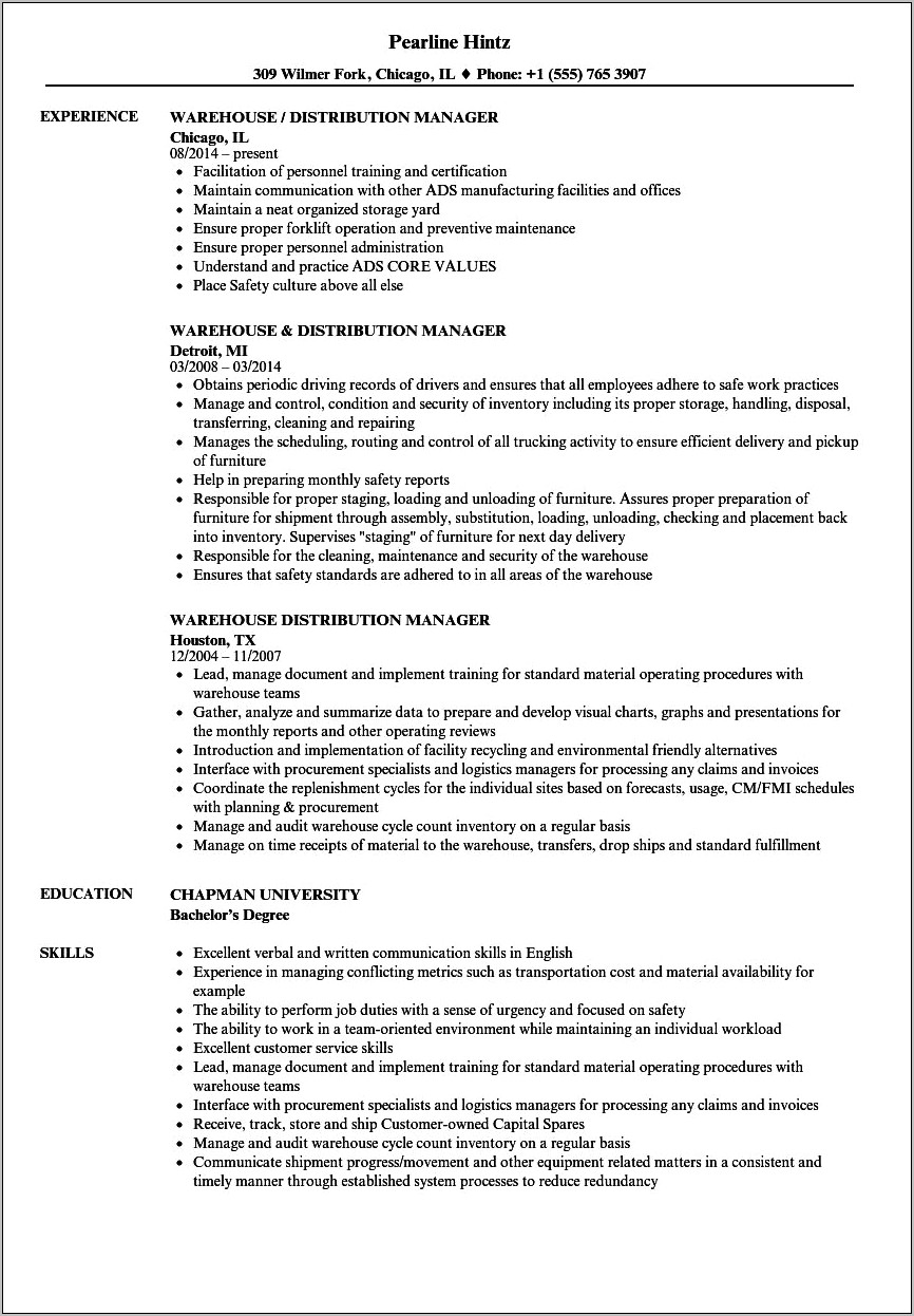 Skills For A Warehouse Management Resume