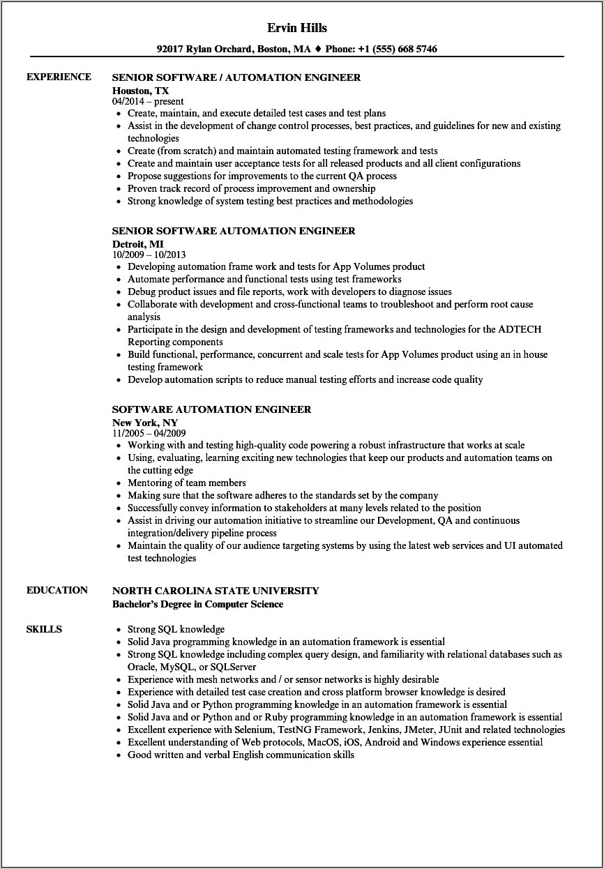 Skills For Automation Test Engineer Resume
