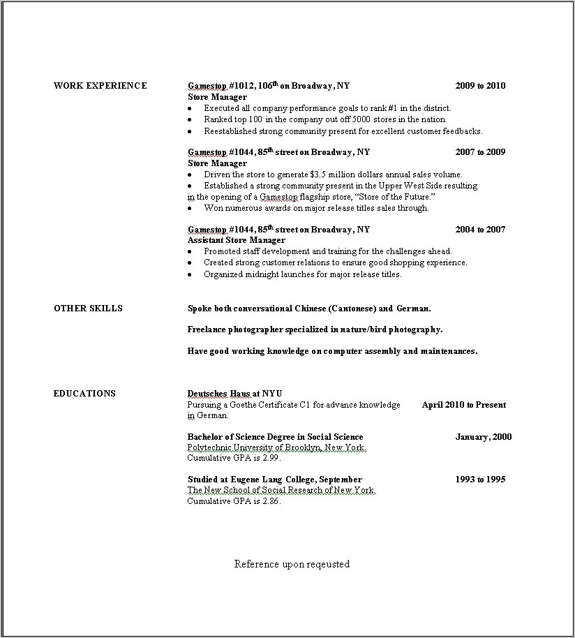 Skills For Resume For Game Stop