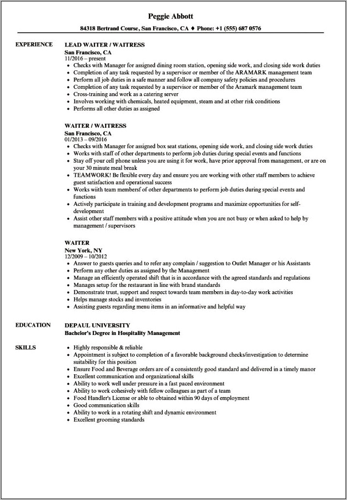 Skills For Resume Job Description For Waiter
