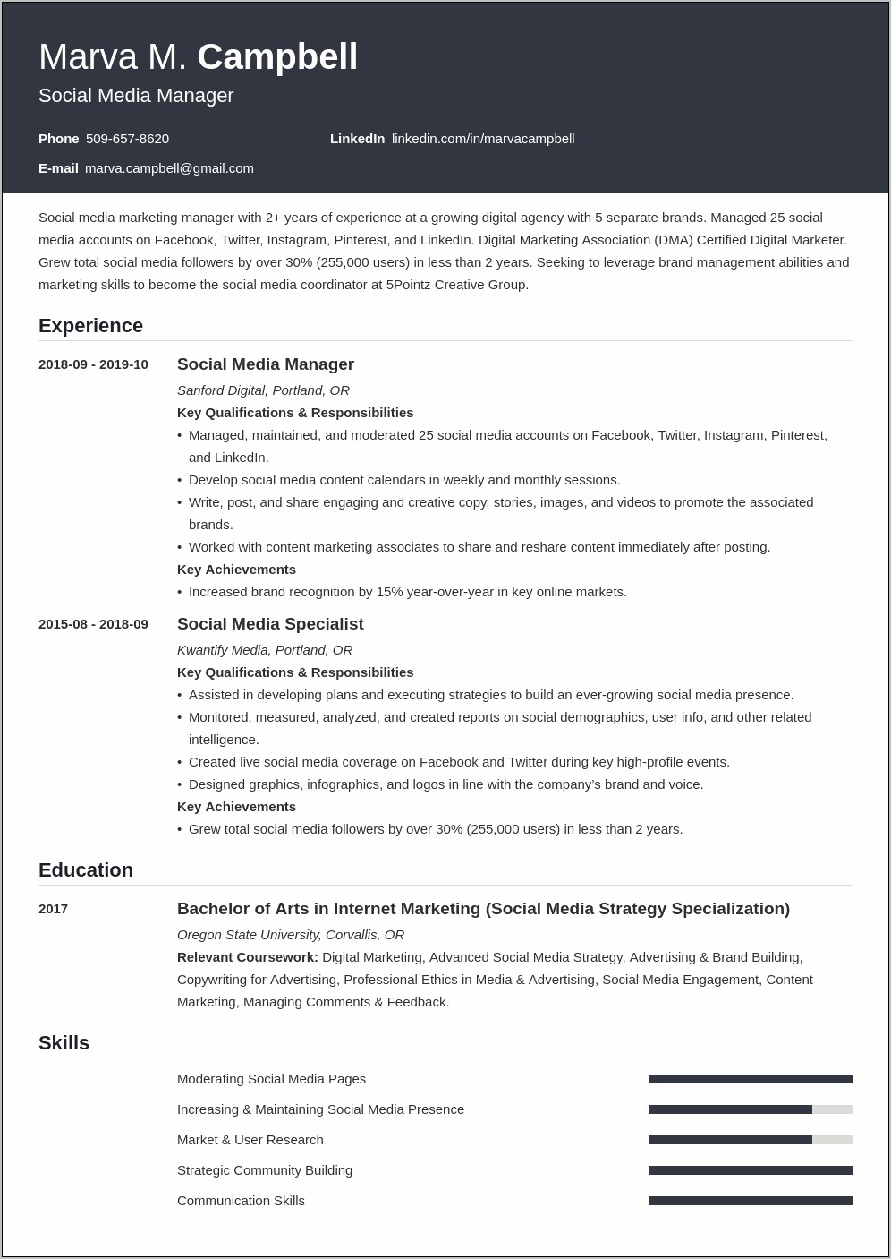 Skills For Social Media Marketing Resume
