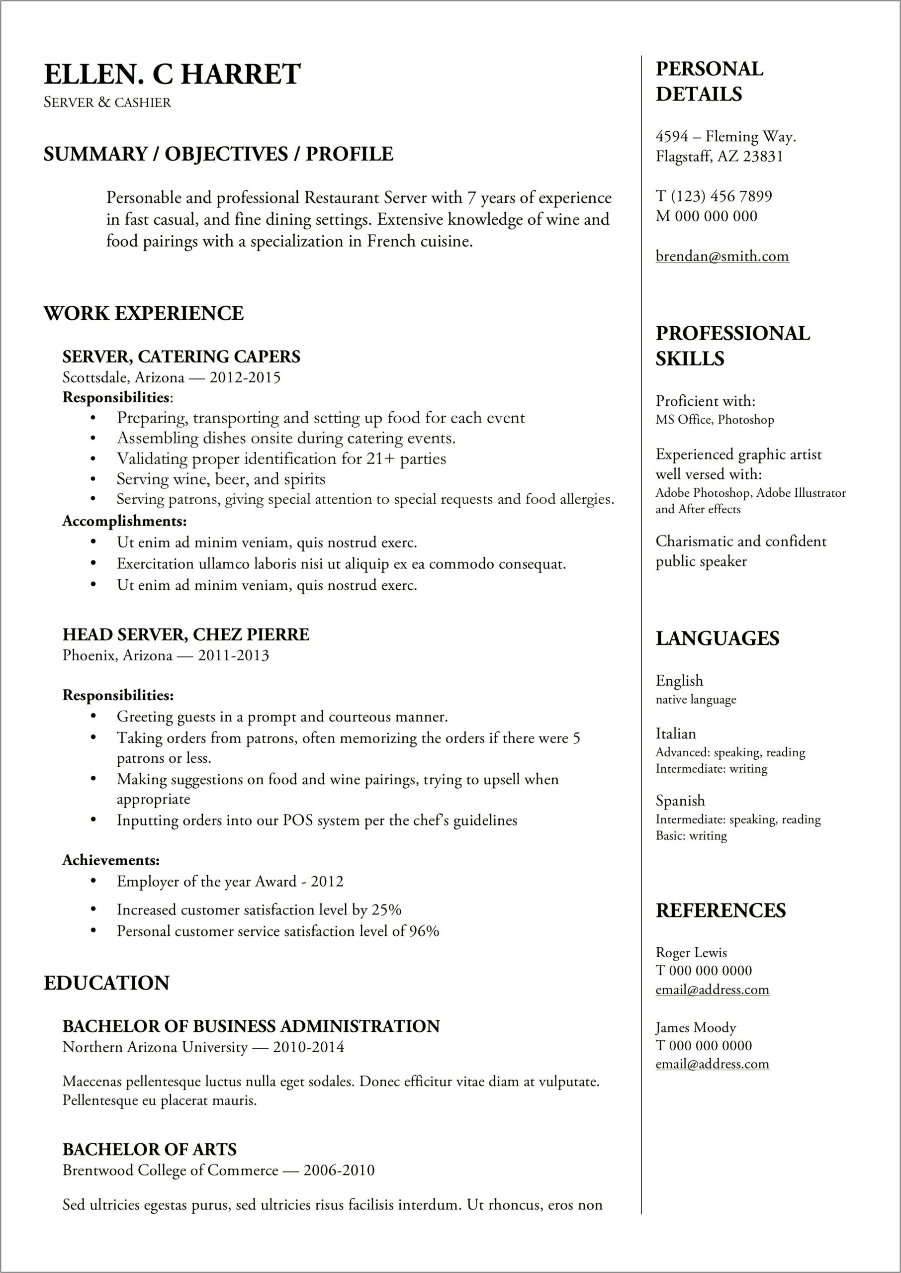 Skills From Being A Server Resume