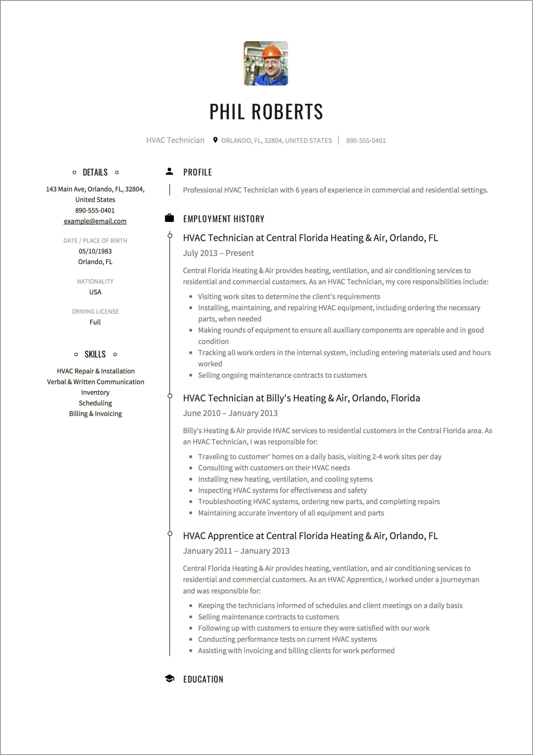 Skills In A Resume For Hvac