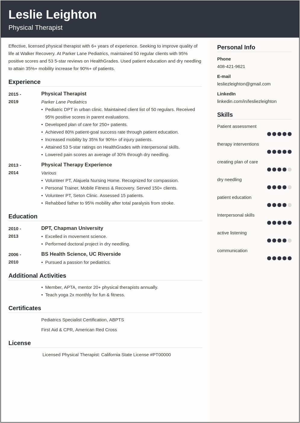 Skills In Resume For Physical Therapist