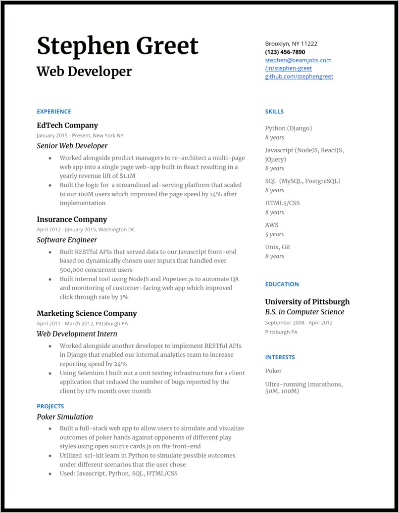 Skills In Web Developer Job Resume