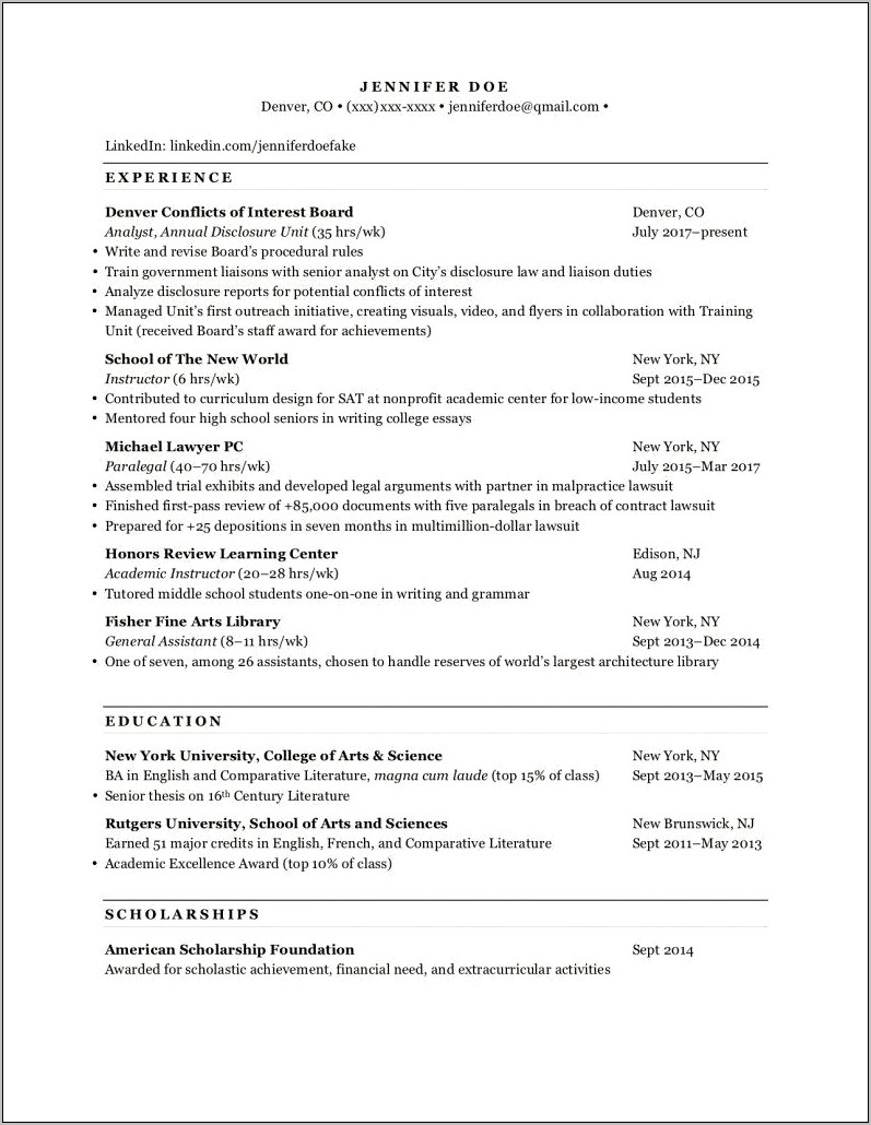 Skills & Interests Resume Law School Section