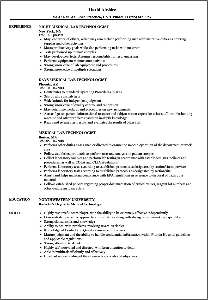 Skills Of A Medical Technologist In Resume