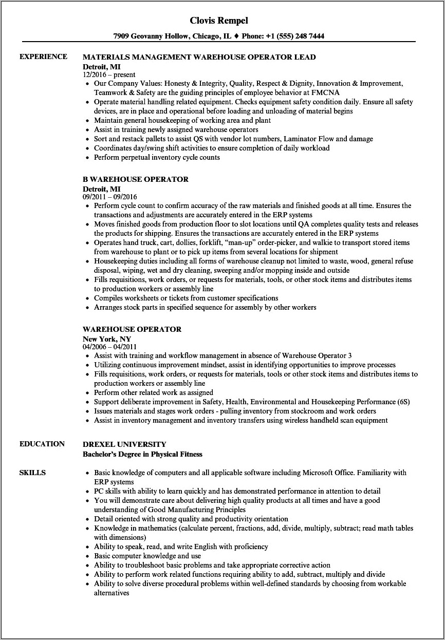 Skills On A Resume For Chemical Warehouse