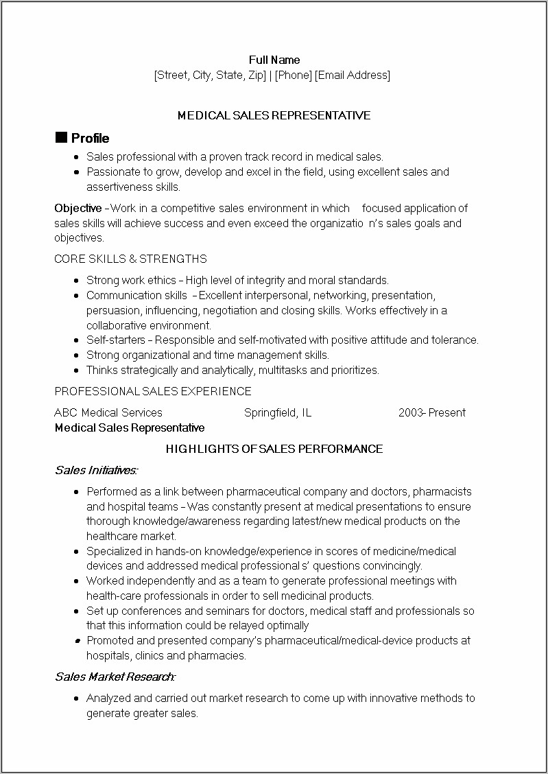 Skills Required For Medical Sales Resume