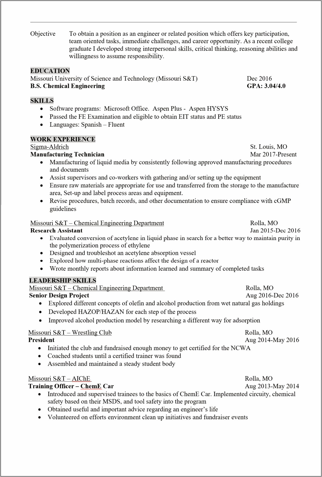 Skills Section For Chemical Engineering Resume