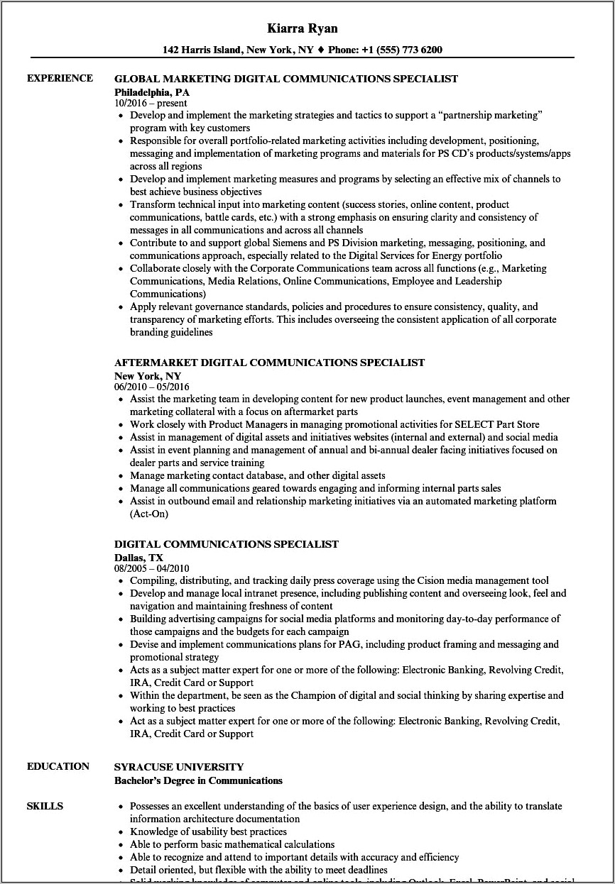 Skills Section For Communication Specialist Resume