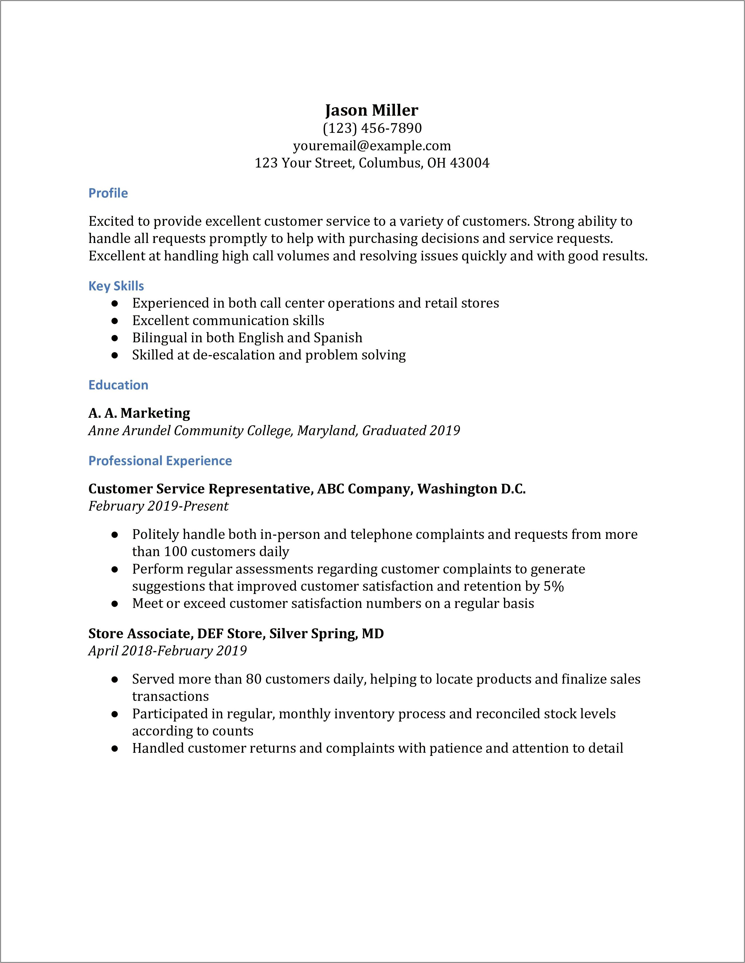 Skills Section For Customer Service Resume