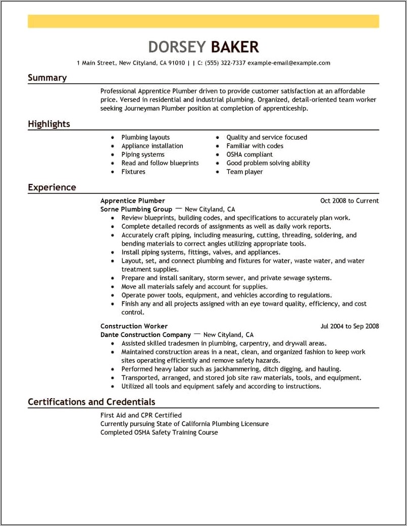 Skills Summary As A Plumber For A Resume