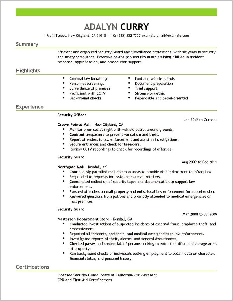 Skills Summary For Security Guard Resume
