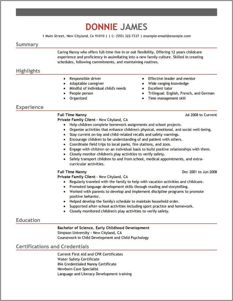 Skills To Include On Nanny Resume