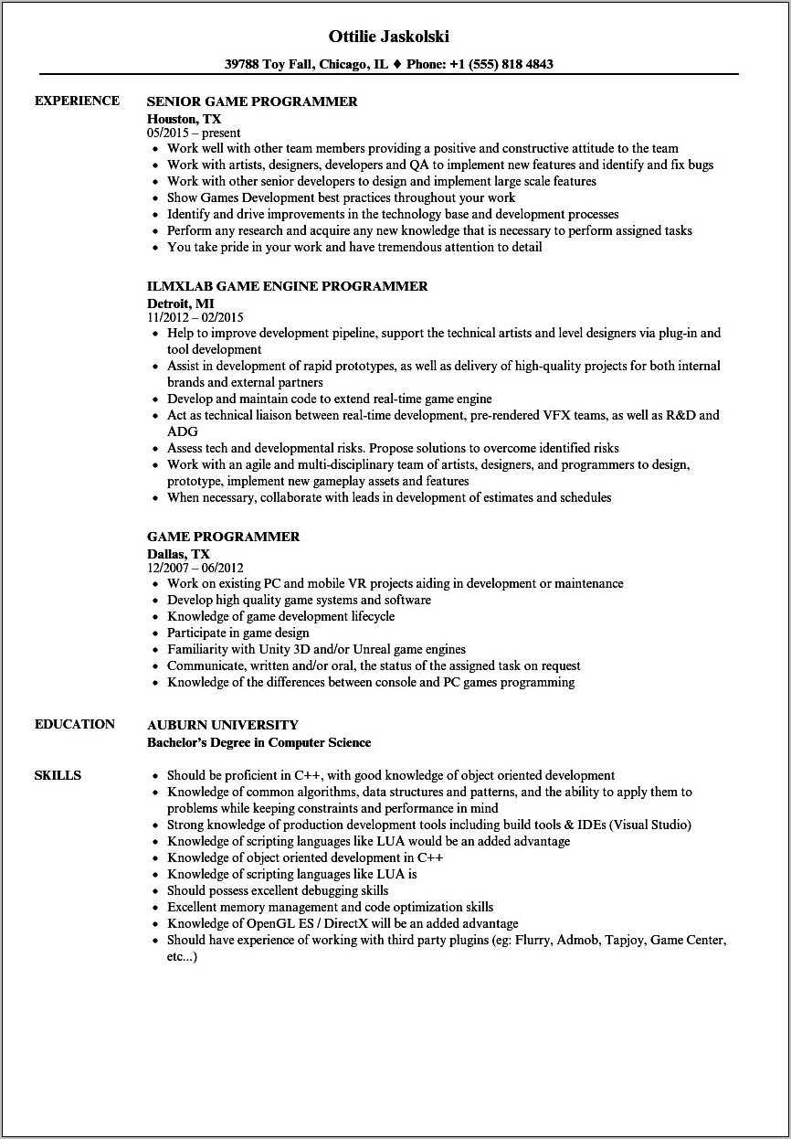 Skills To Put On A Game Programmer Resume