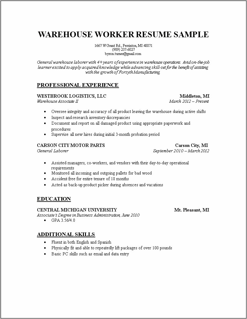 Skills To Put On Resume For Warehouse