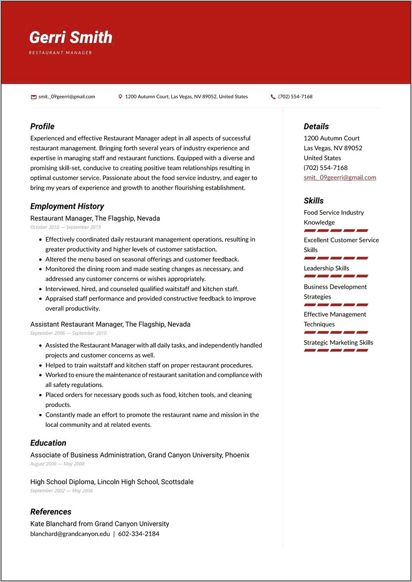Skills Working From A Restaurant Resume Example