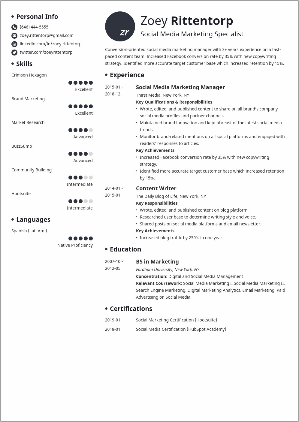 Social Media Intern Job Description Resume
