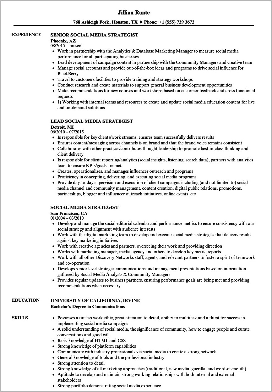 Social Media Manager Job Description Resume