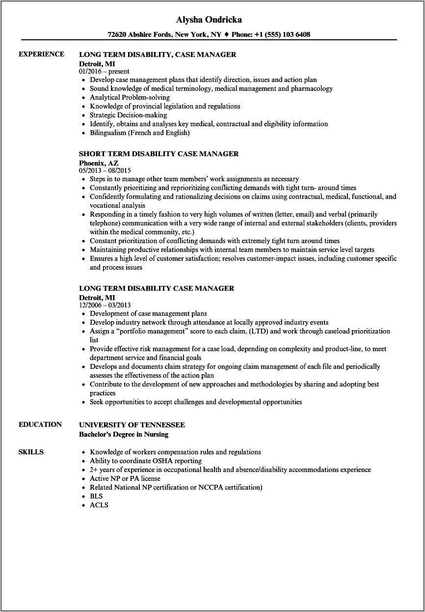 Social Work Case Manager Adult With Disabilities Resume