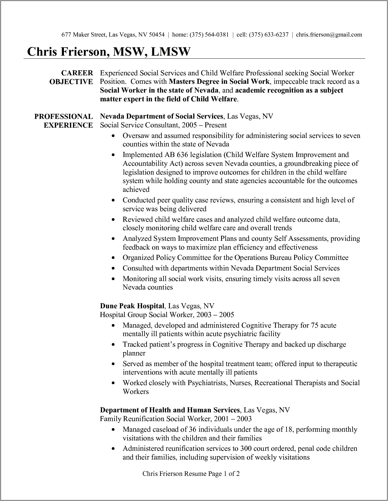 Social Work Resume Objective Examples For Graduate School