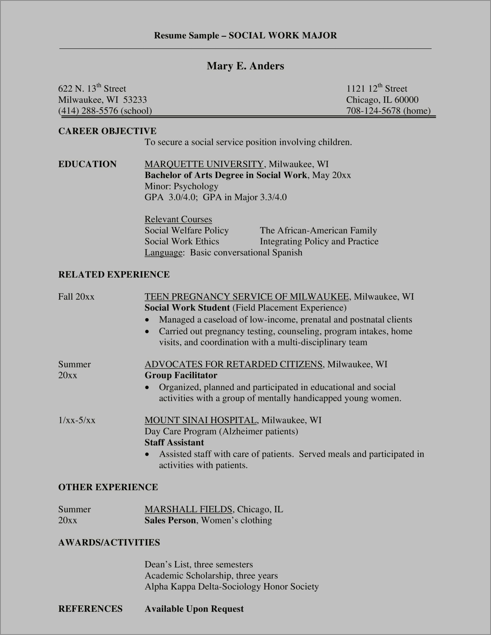 Social Worker Resume Sample No Experience