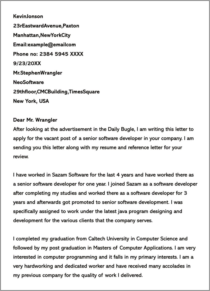 Software Developer Resume Cover Letter Sample