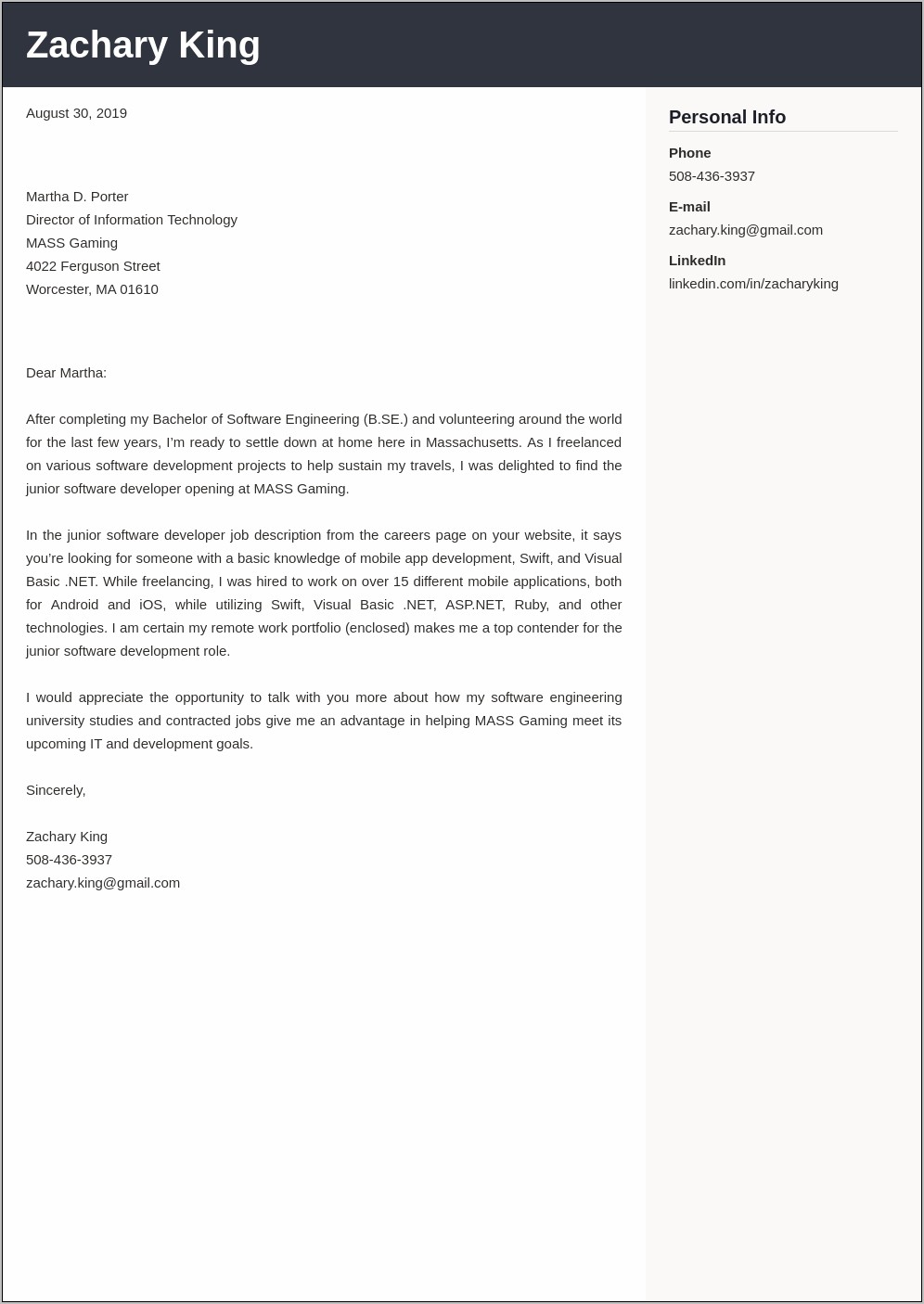 Software Engineer Cover Letter Resume Sample