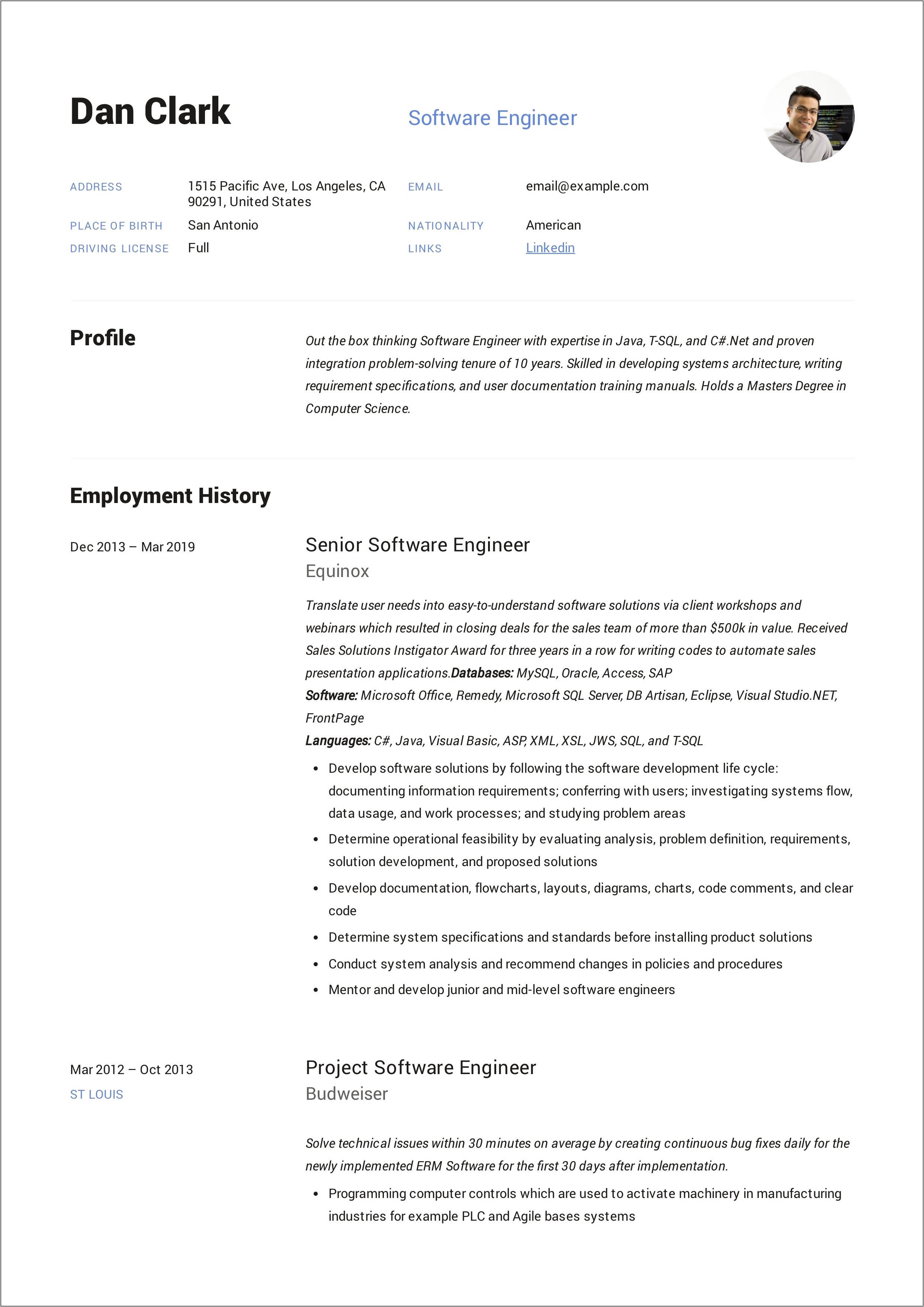 Software Engineer Professional Resume Summary Statement