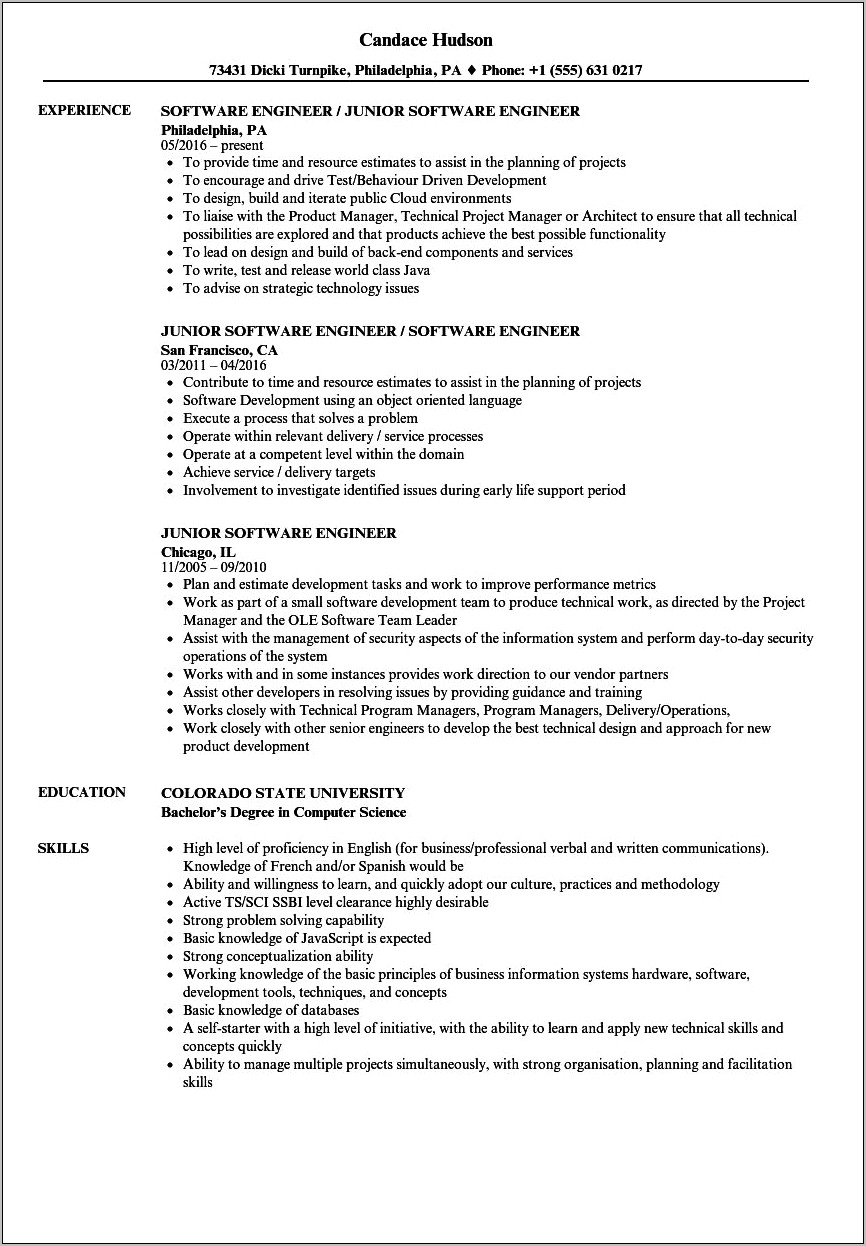 Software Engineer Resumes Job Or Project