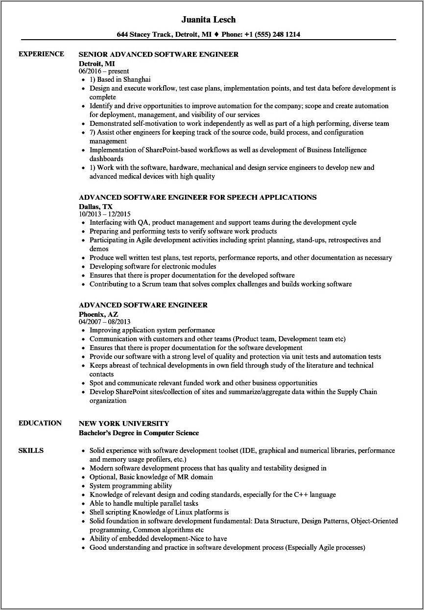 Software Engineer Statement On Resume Examples