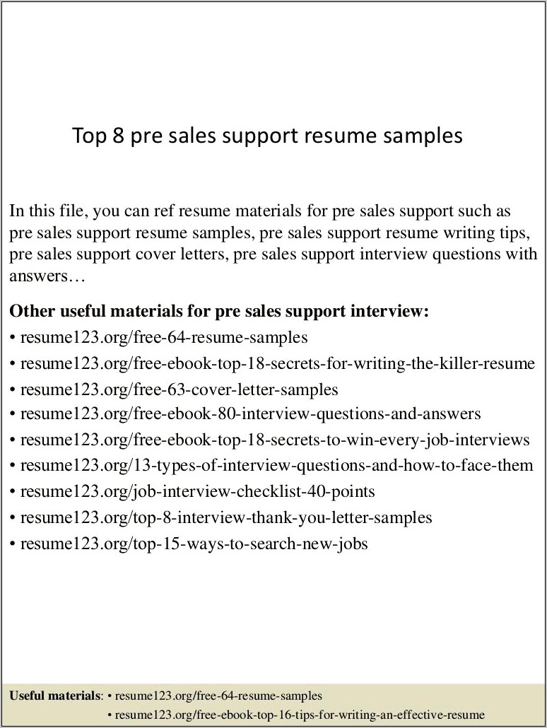Software Pre Sales Support Resume Sample
