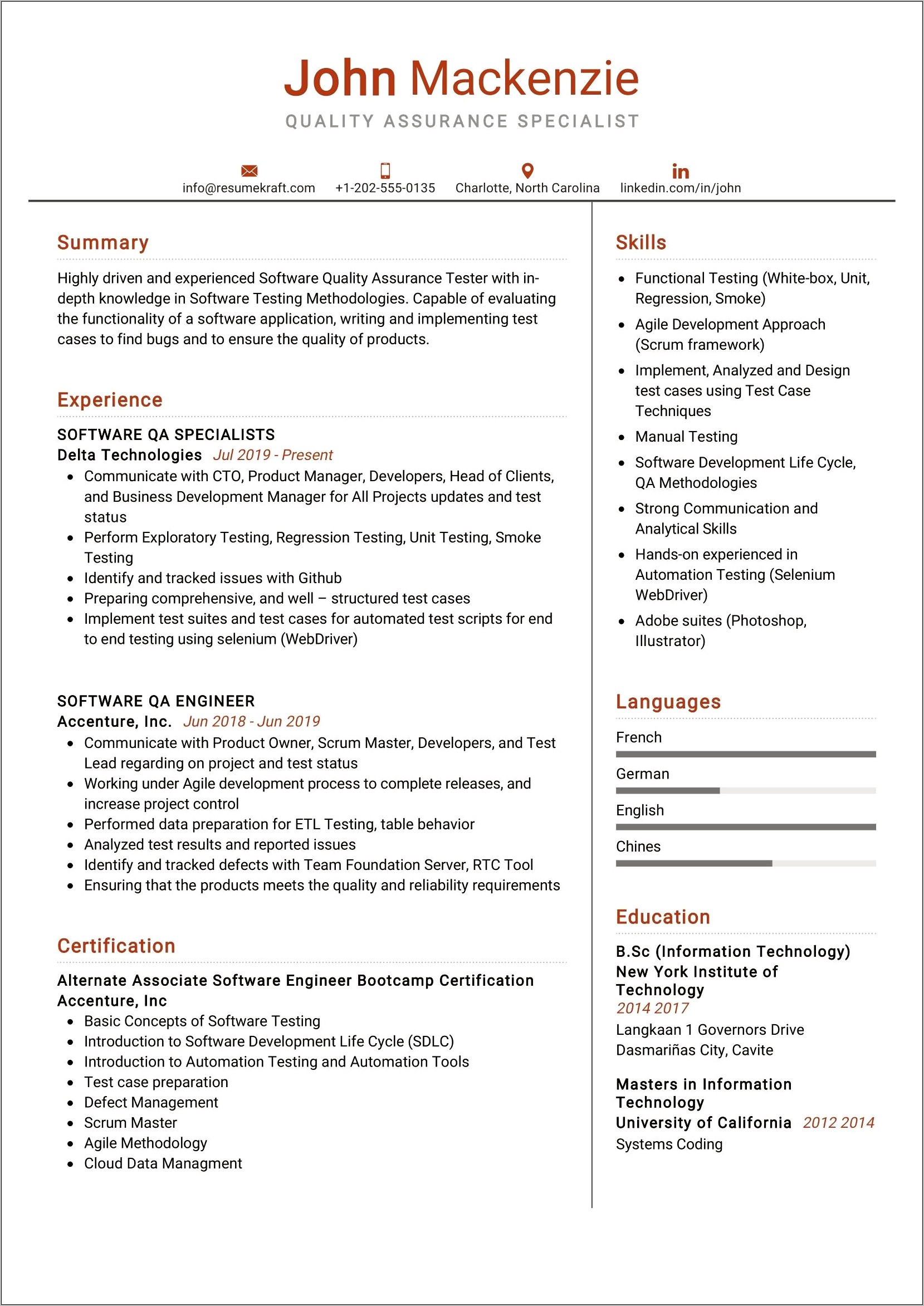 Software Quality Assurance Engineer Resume Template