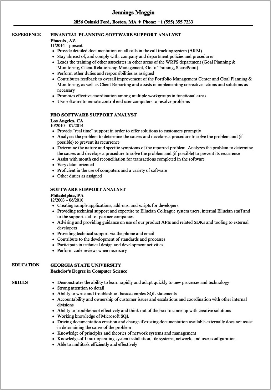 Software Support Job Description For Resume