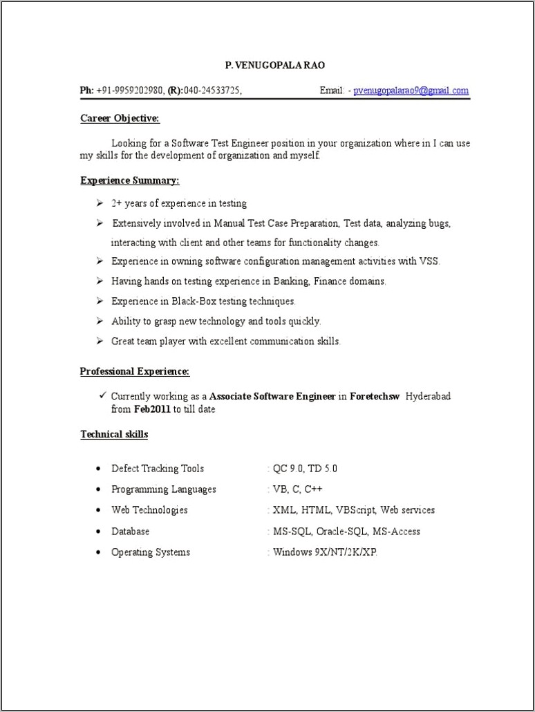 Software Testing Resume For 1 Year Experience