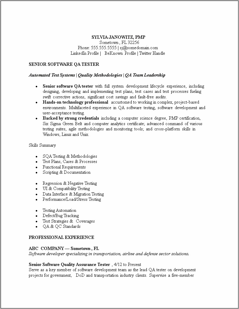 Software Testing Resume Format For 1 Year Experience