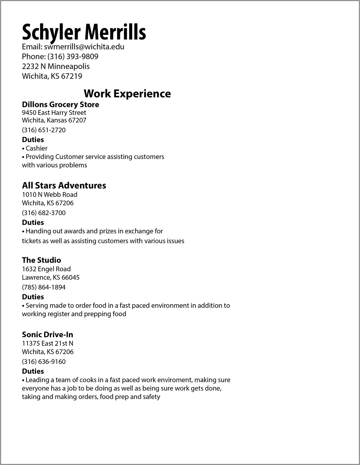 Sonic Drive Thru Job Description For Resume