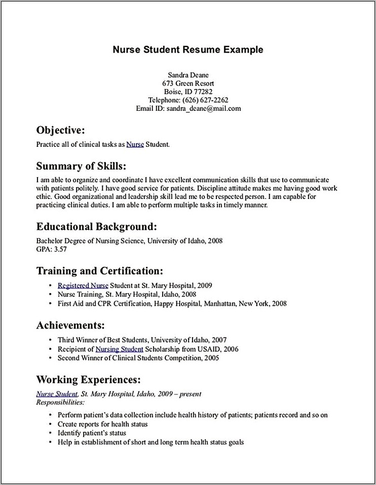 Sophomore Nursing Students Clinical Skills For A Resume