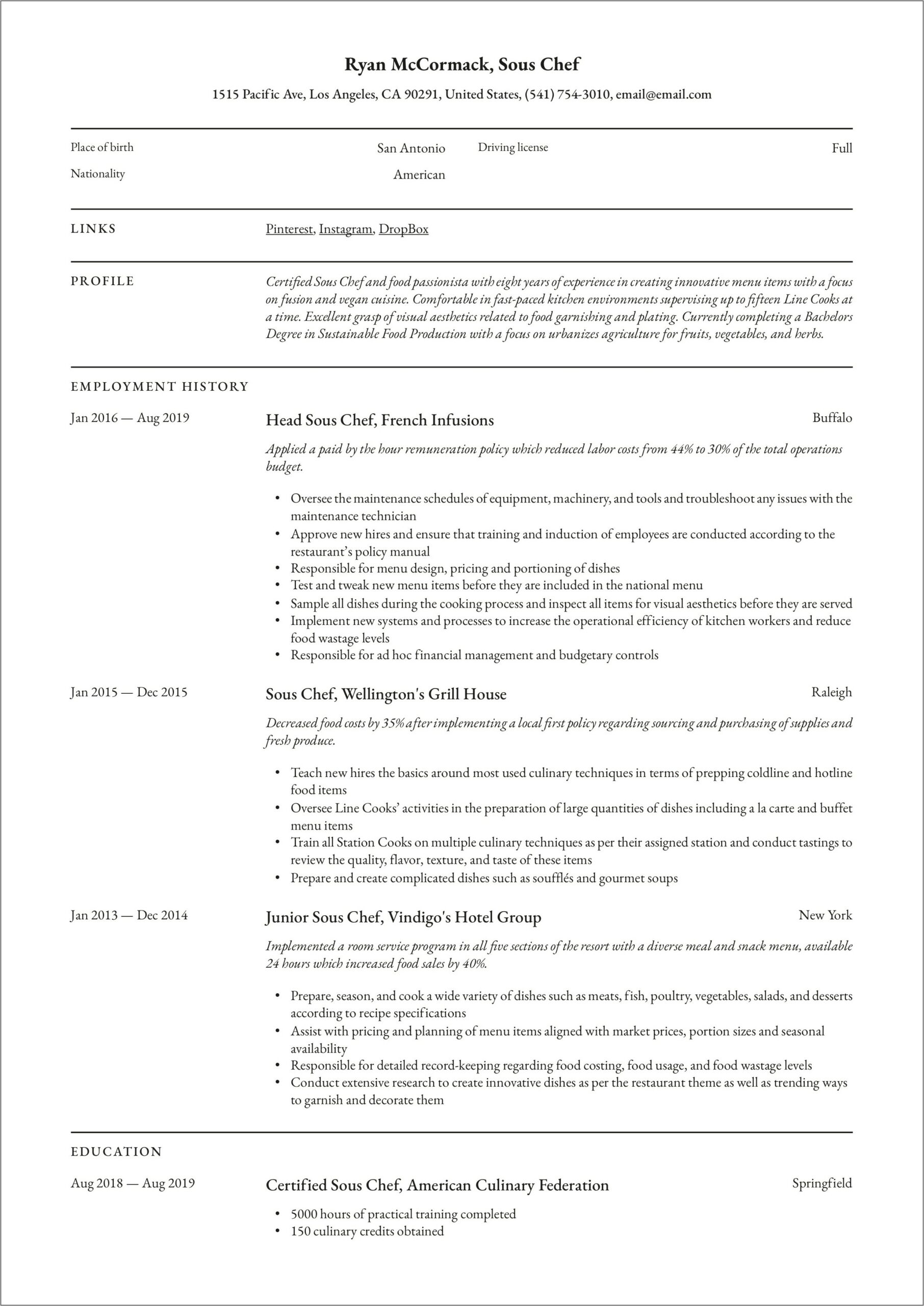Sous Chef Resume Sample Chef Resumes Livecareerlivecareer