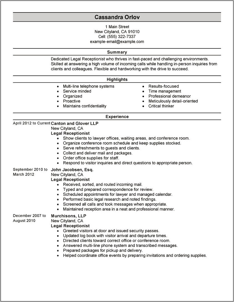 Spa Receptionist Job Description For Resume