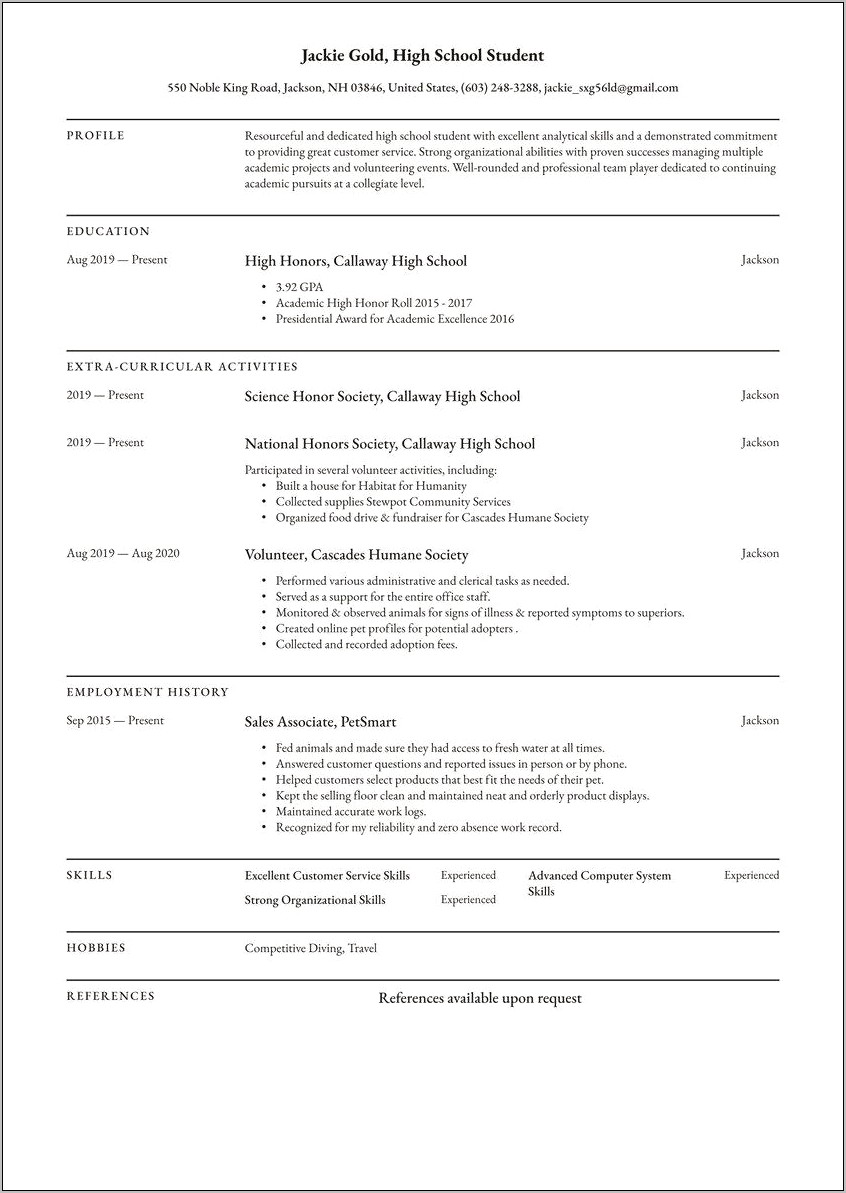 Special Awards Activities High School Resume