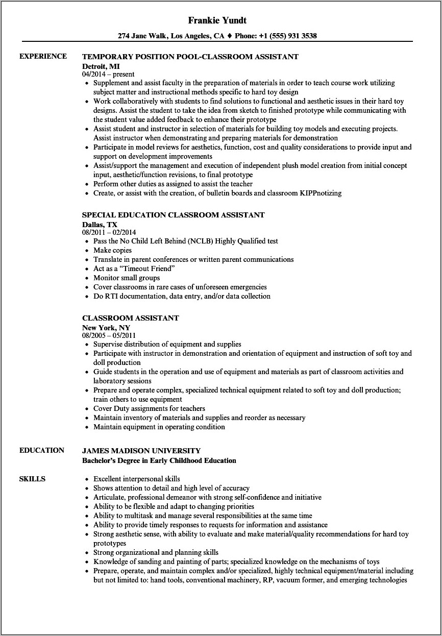 Special Ed Teachers Assistant Job Description For Resume