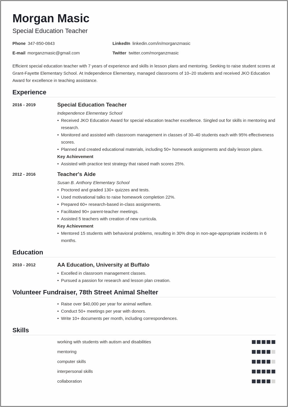 Special Education Teacher Aide Resume No Experience