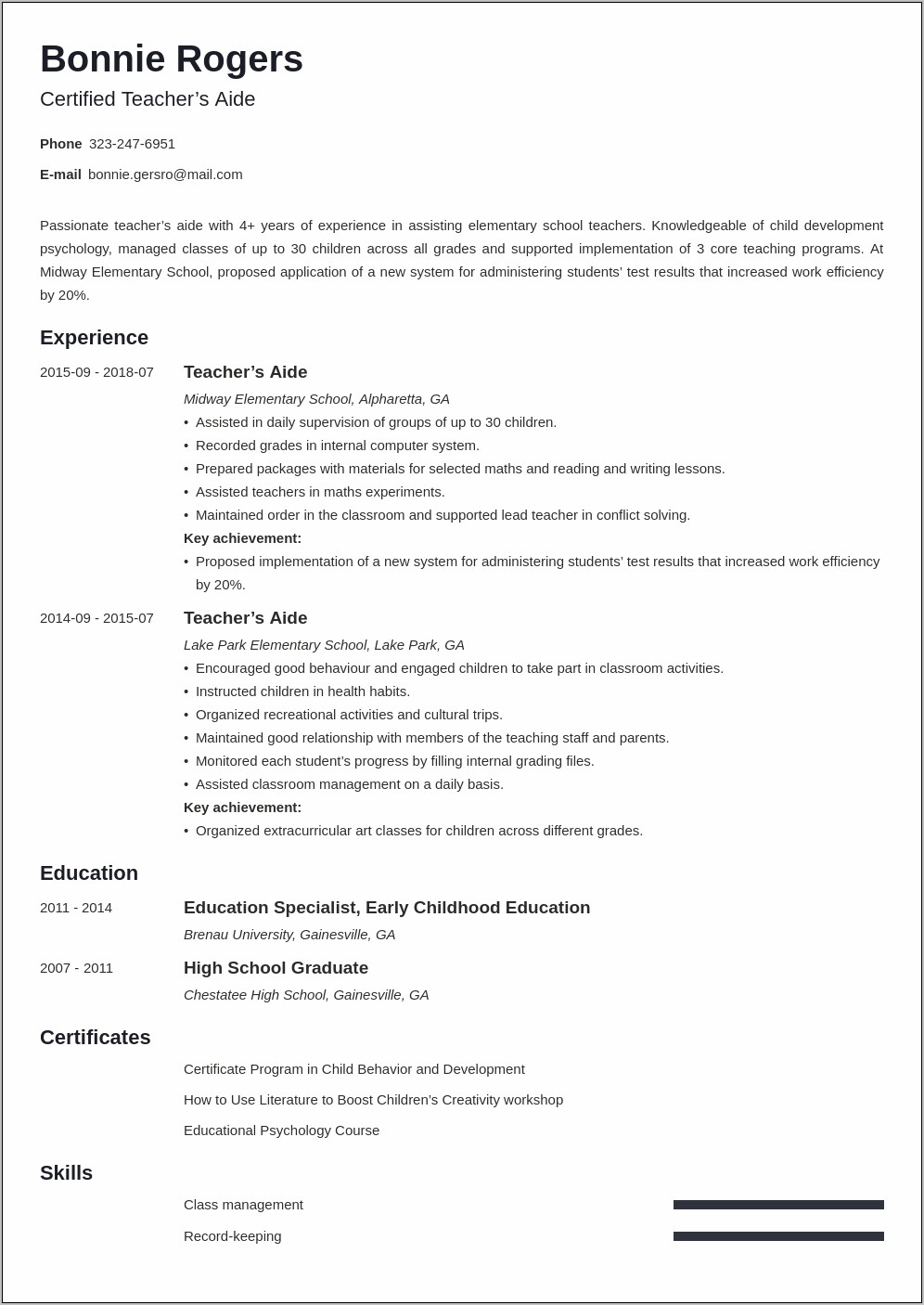 Special Education Teacher Aide Resume Samples