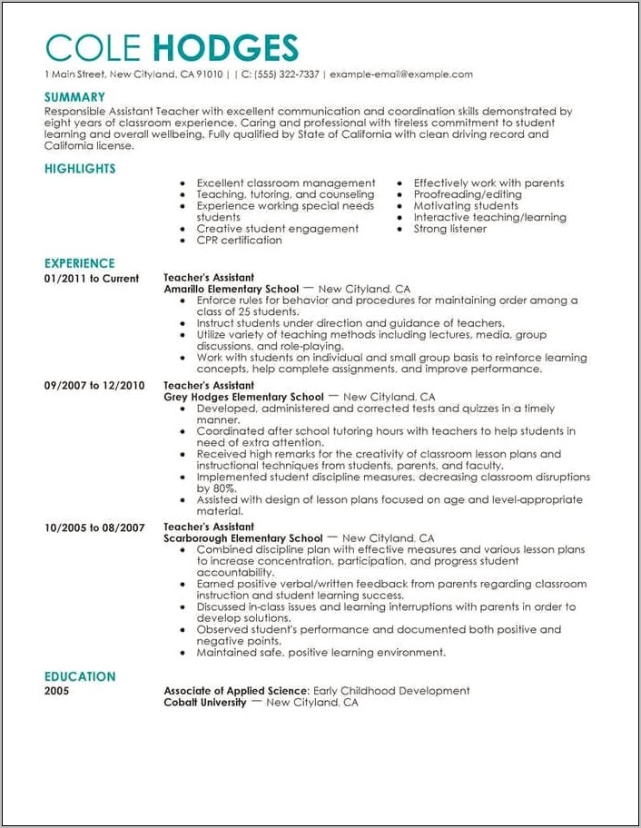 Special Education Teacher Assistant Resume Example