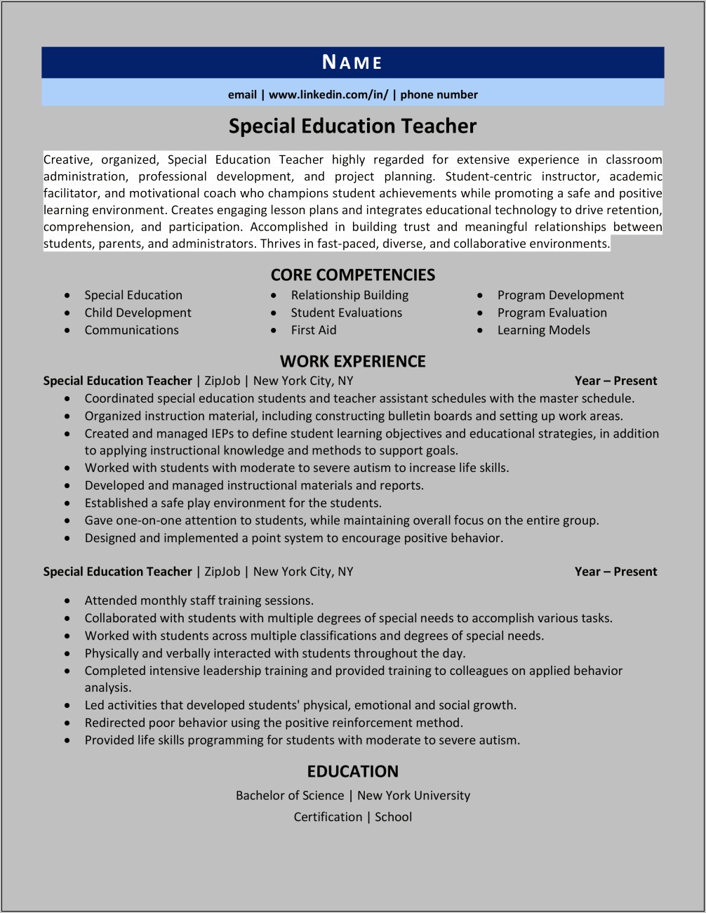 Special Needs Education Assistant Resume Examples