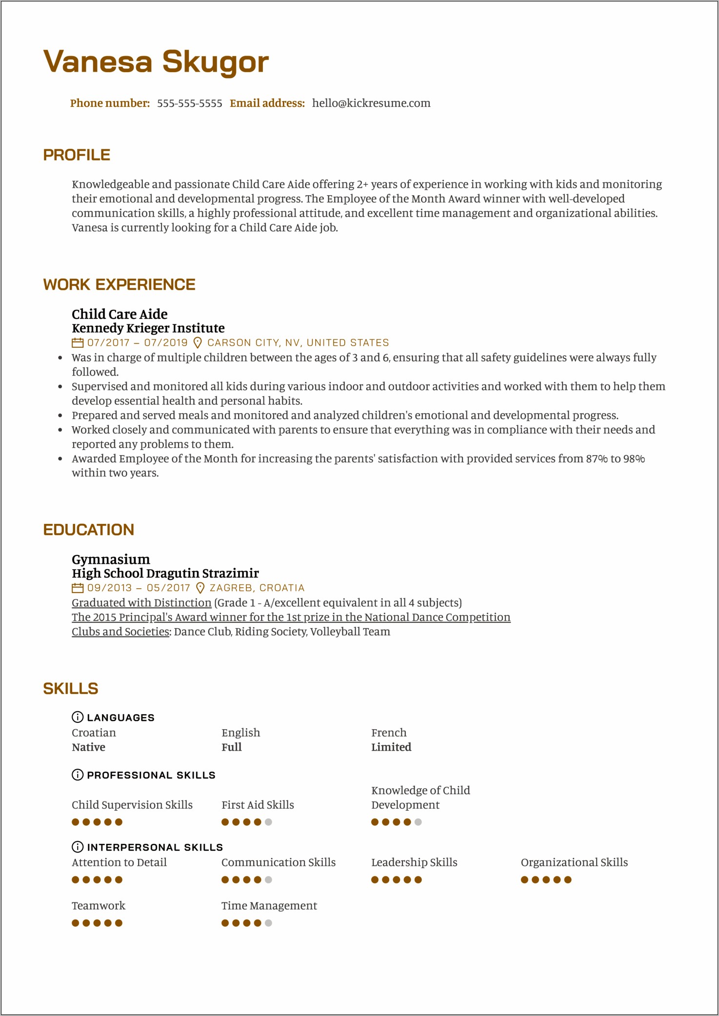 Special Skills Resume Experience With Childcare