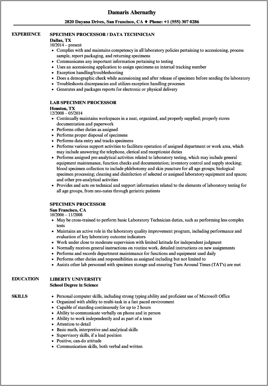 Specimen Processor Job Description For Resume